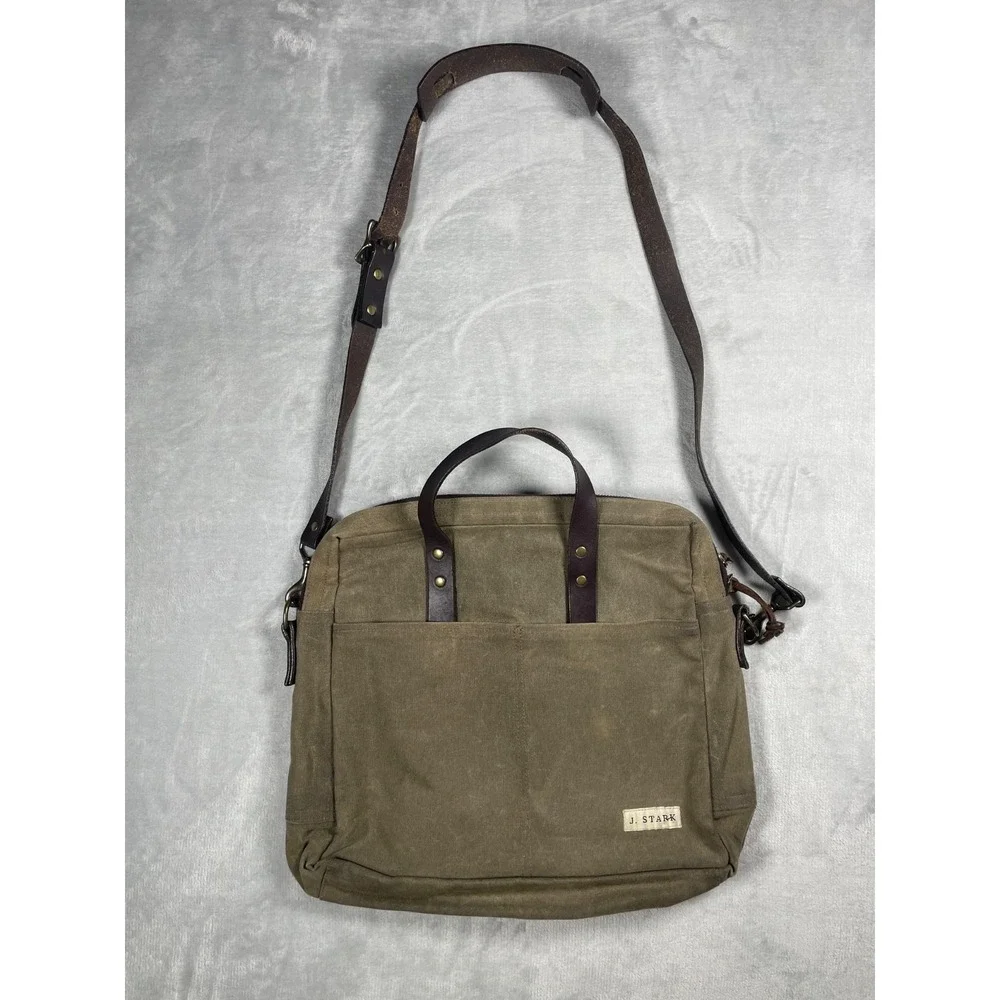 J. Stark Waxed Canvas Briefcase Messenger Bag Olive Brown Leather Strap USA